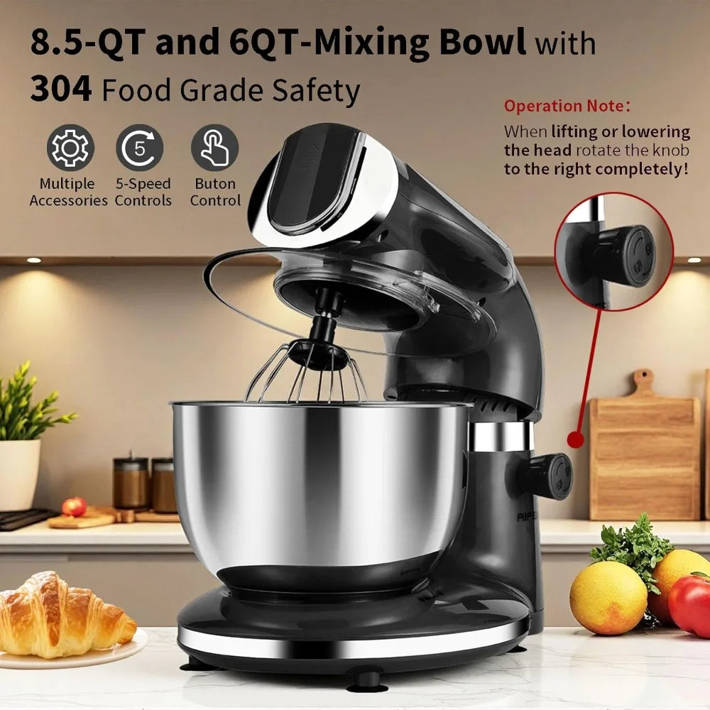 Stand Mixer, 8.5QT+ 6QT Two Stainless Steel Bowls Electric Food Mixer, 7 in 1 Multifunctional Kitchen Mixer with Dough Ho