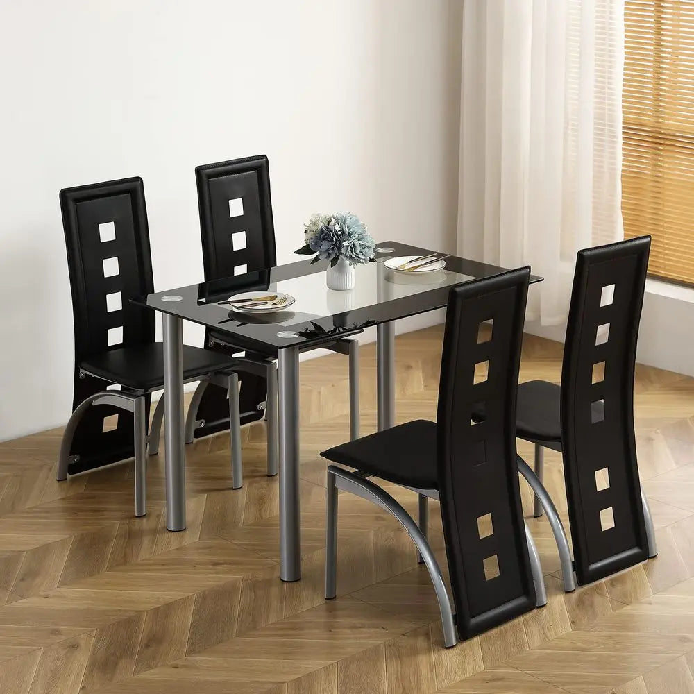 5Piece Dining Table Set with 1 Glass Dining Table and 4 PVC Chairs, Modern Dining Table Set for Kitchen amp Breakfast Dining Liv