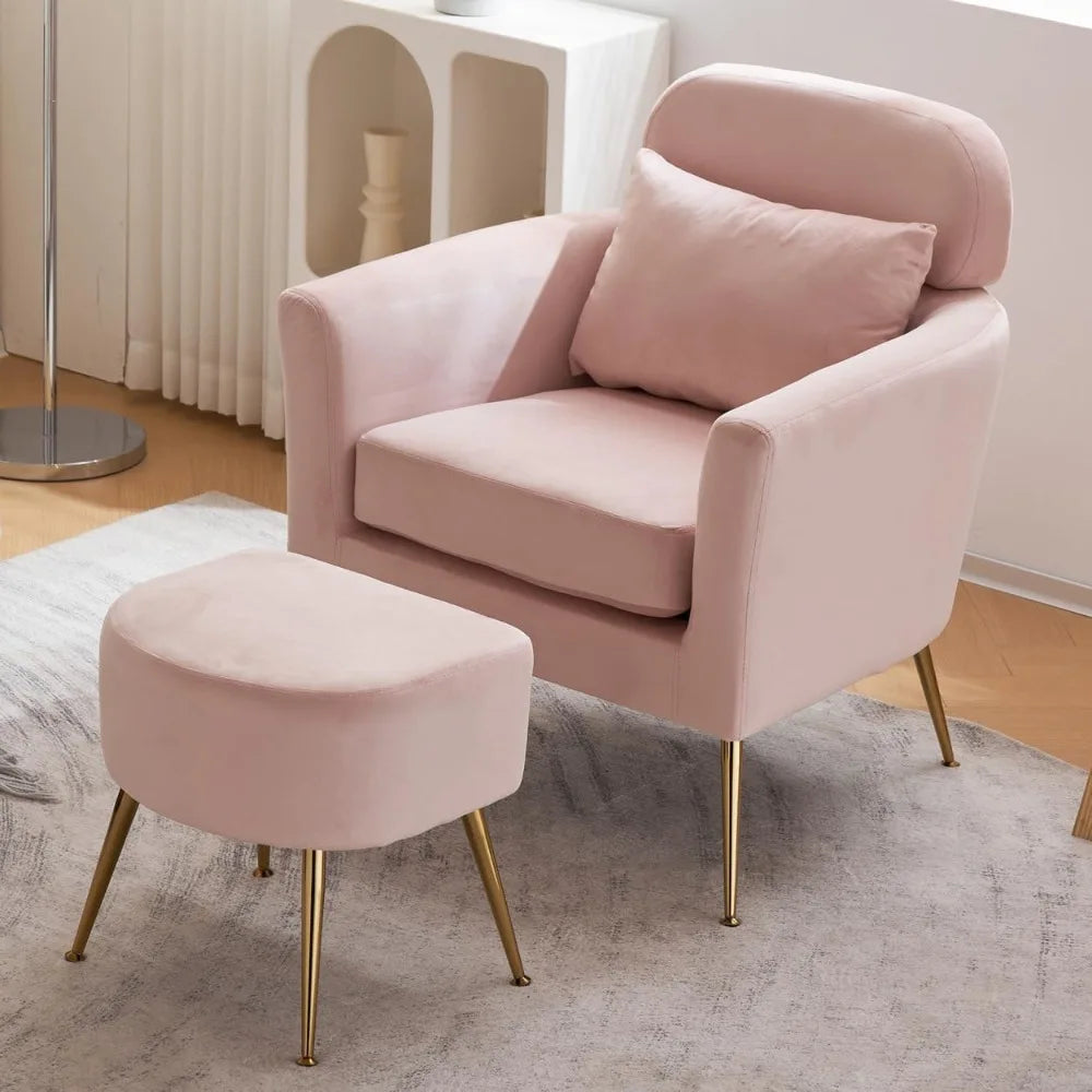 Accent Chair and Ottoman Set, Upholstered Flannelette Armchair for Living Room, Comfy Single Chair with Gold Feet & Footrest, In