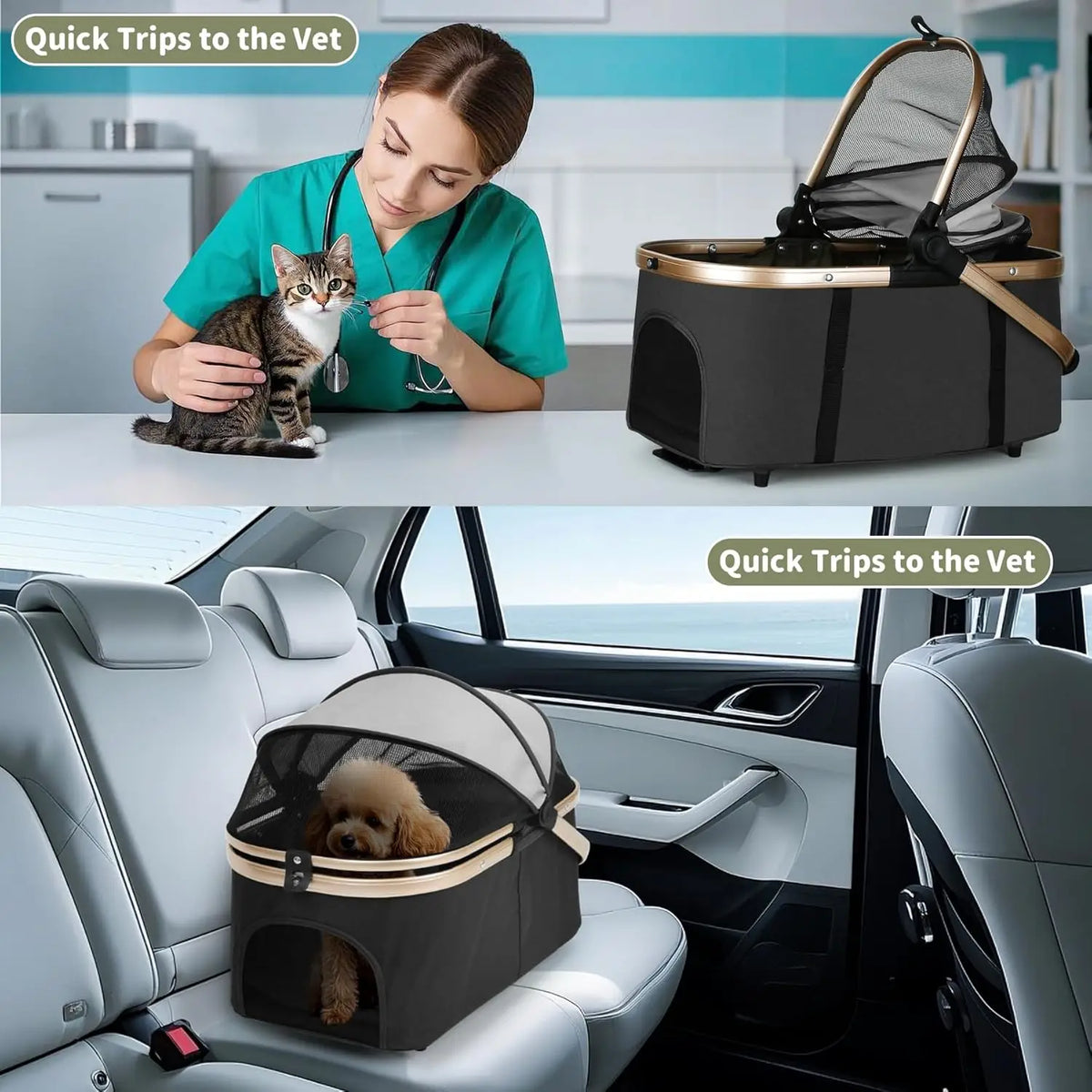Foldable Double Pet Stroller for Dogs & Cats with Detachable Carriers, Safety Belts, 4 Lockable Wheels - Ideal Multi-Pet Home