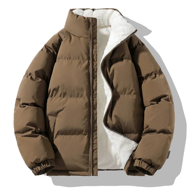 Men Winter Thick Warm Parka Coat Fleece Inside Male Solid Color Stand Collar Cotton Jacket  Men's Cotton Coat Size