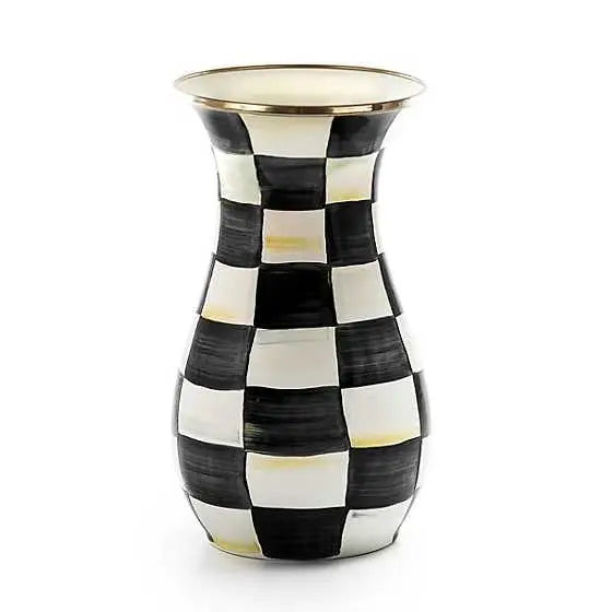 MACKENZIE-CHILDS Tall Enamel Vase, Unique Flower Vase, Decorative Table Decor for Living Room, Black-and-White Courtly Check