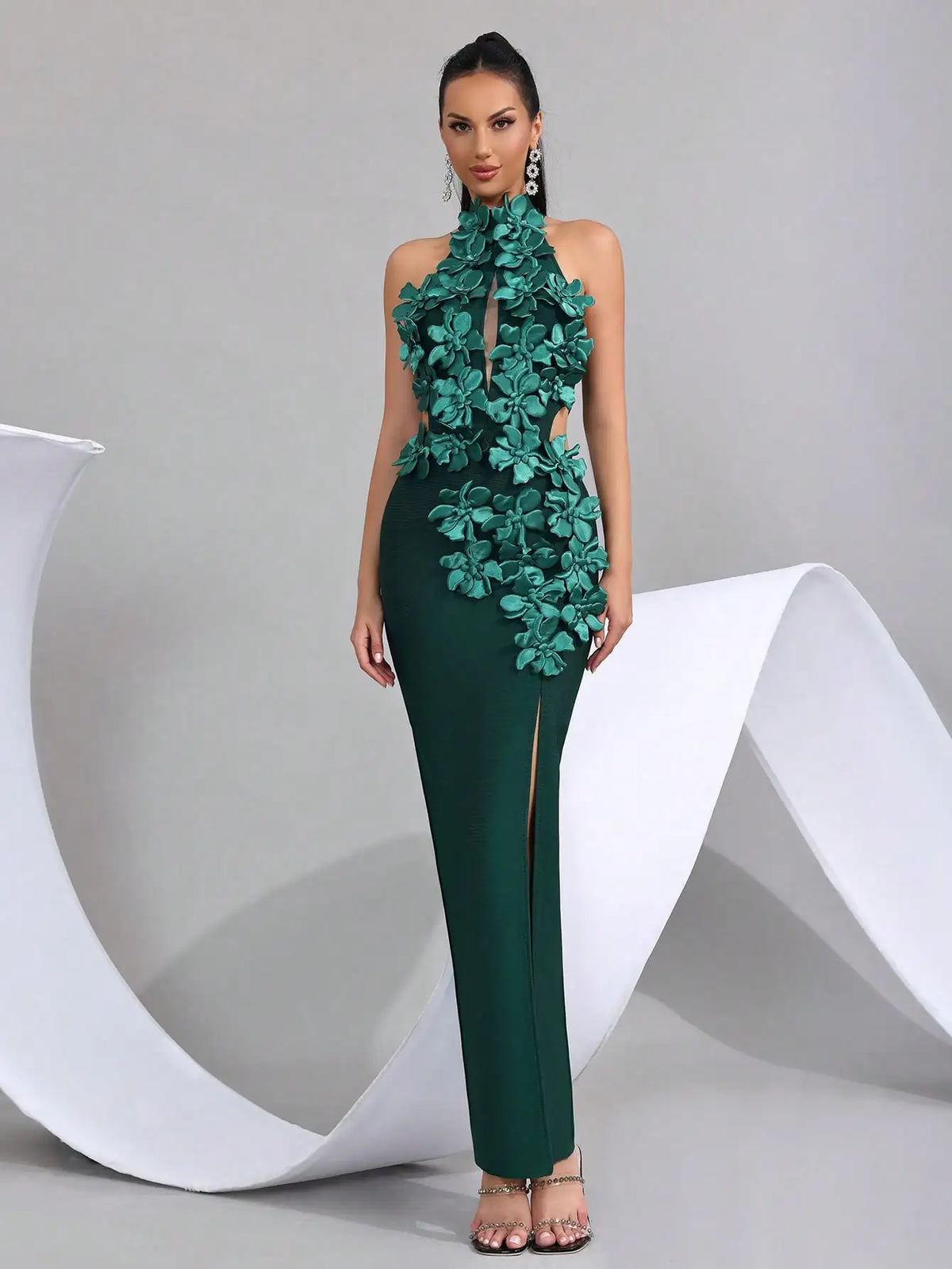 Elegant 3D Floral Halter Sleeveless High Slit Bandage Maxi Dress For Evening Party Wedding