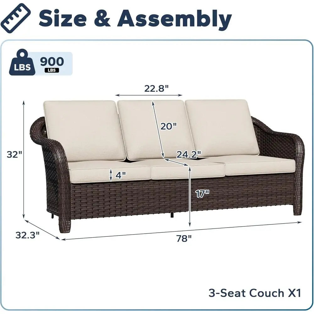 78" Wicker 3-seat Soa, Outdoor Contion urniture, All-Weather Rattan Couch, Steel e Couch with Cushions or Garden, Poolside, Porc