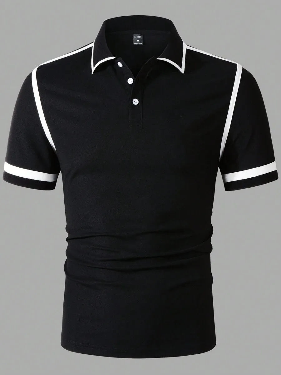 Men's Black Polo Shirt with White Trim Contrast Design Short Sleeve