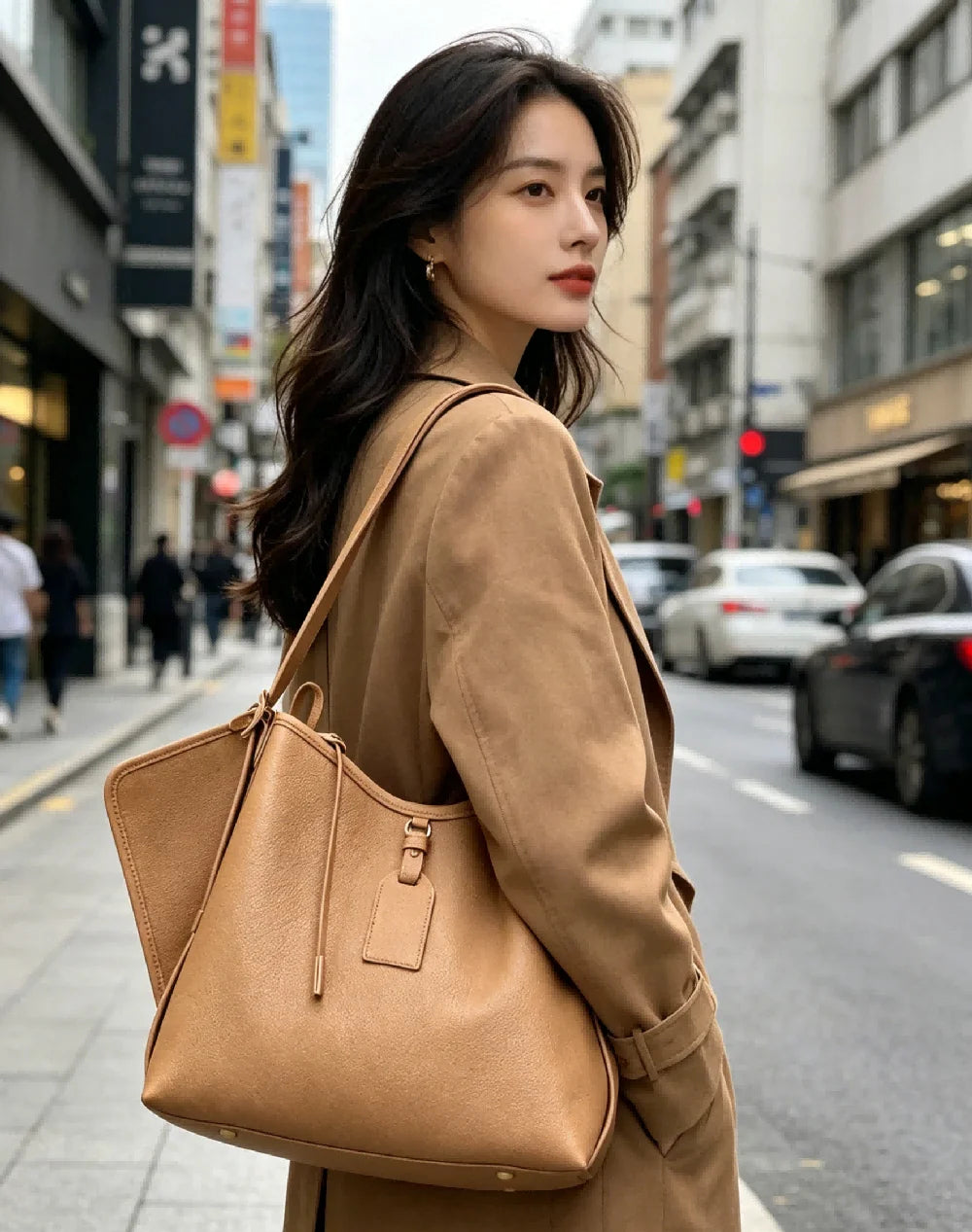 Casual Light Brown Soft Leather Tote Bag for Women Large Capacity Shoulder Purse for Work Commute and Weekend Trips