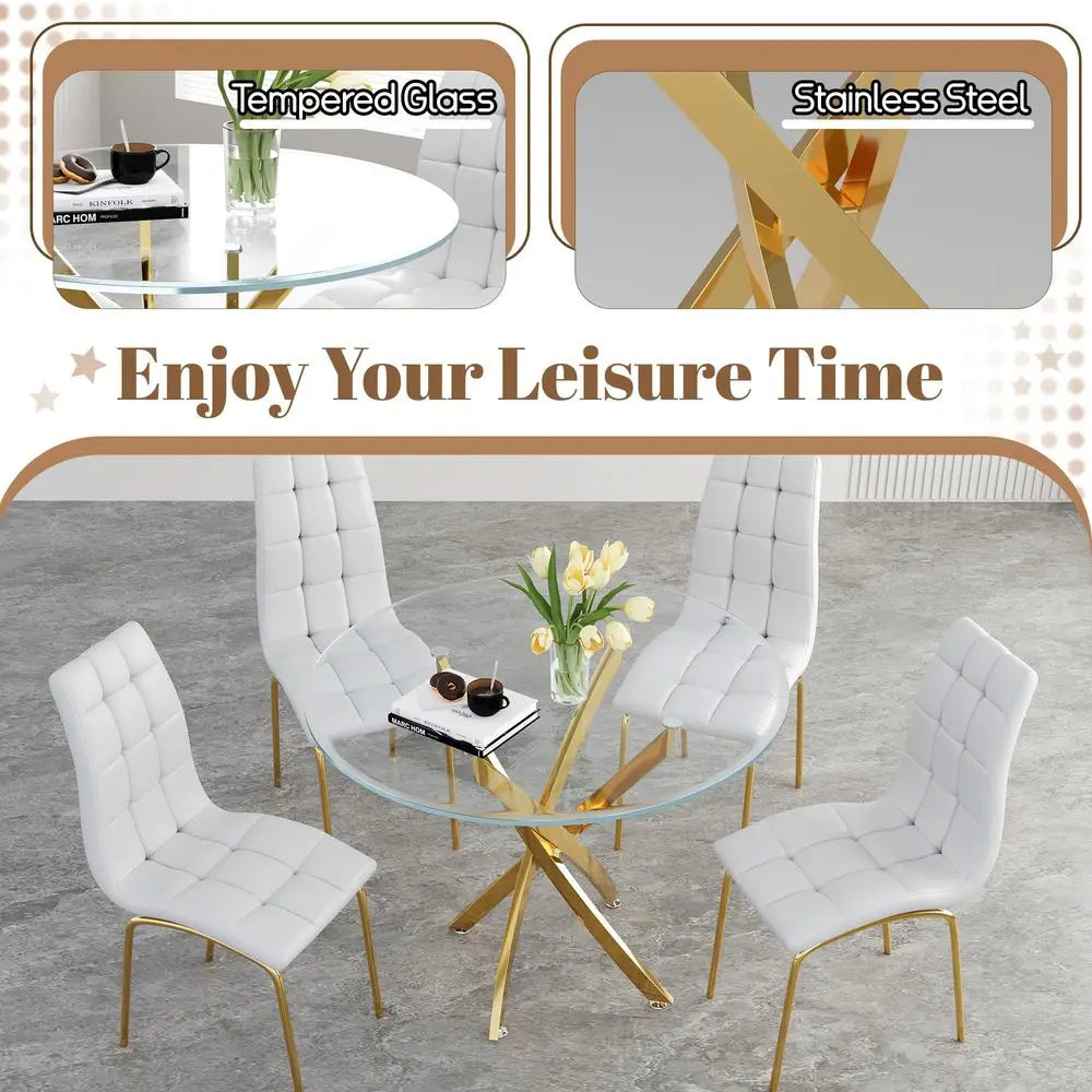 Glass Dining Table Set, Round Kitchen Table Set for 4 with Gold Glass Table and 4 White Faux Leather Upholstered Dining Chair fo