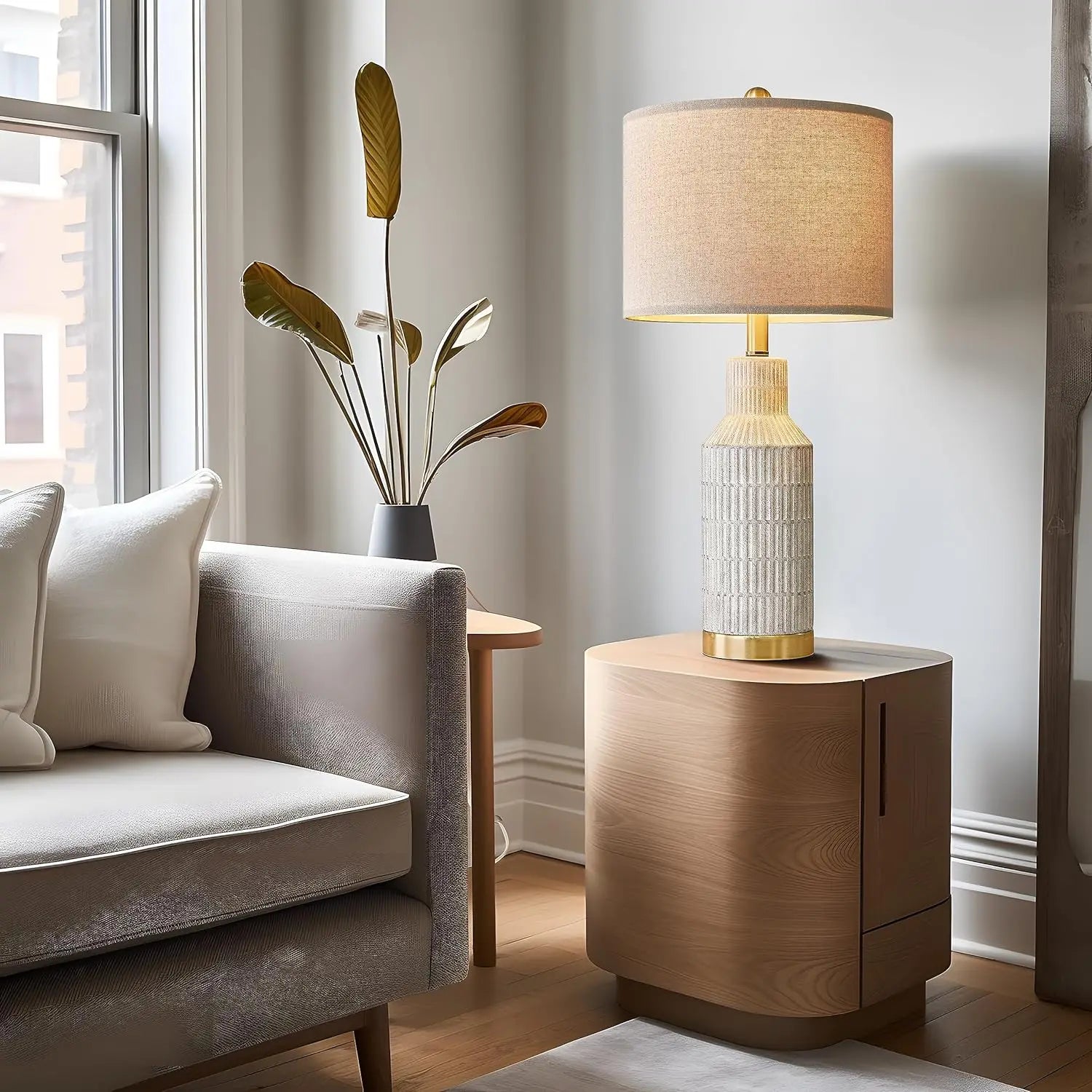 Modern Ceramic Table Lamps Set of 2 - White Washed Finish with Gold Base - 25" Height for Bedroom & Living Room