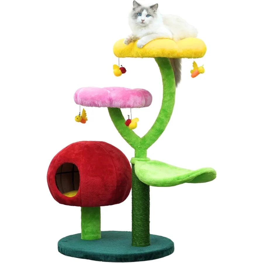 5-Level 40 Colorful Garden Style Cat Tree with Flower Perches Leaf Hammock Fruit Condo Natural Sisal Scratching Post Bee Toys P