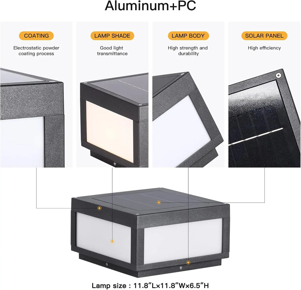 Solar Post Lights Outdoor, Waterproof LED Pillar Lights for Deck Patio Pool, Modern Square Lantern with 3000K Warm Glow