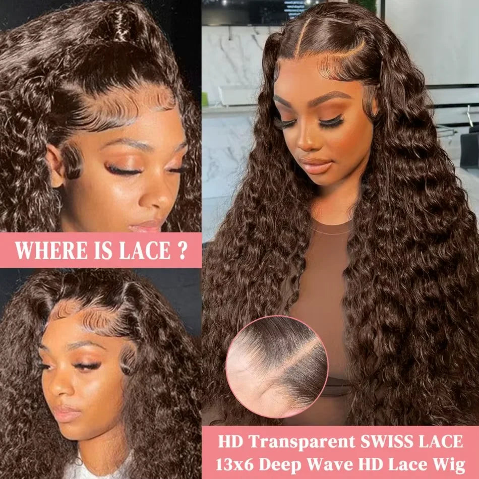 250%Density 28 Inch Chocolate Brown Curly Wigs 13x6 HD Lace Front Wigs Human Hair  Brown Deep Wave Lace Frontal Human Hair Wigs