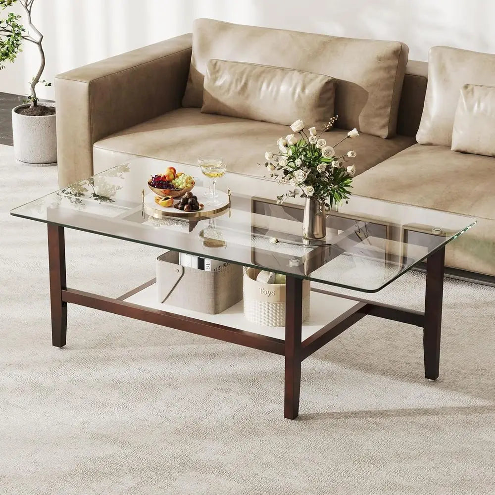 42 Two-Tier Rectangular Coffee Table with Storage Shelf and Solid Rubberwood Legs for Living Room or Home Office (Brown)