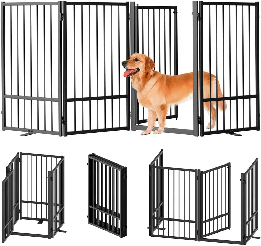 Foldable Metal Pet Gate with Door, 32" Height Freestanding Dog Fence for Indoor Outdoor Use