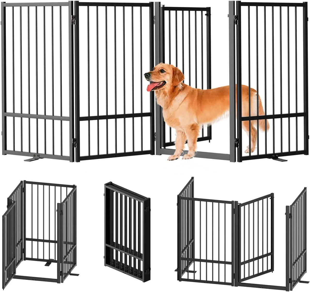 Foldable Metal Pet Gate with Door, 32" Height Freestanding Dog Fence for Indoor Outdoor Use