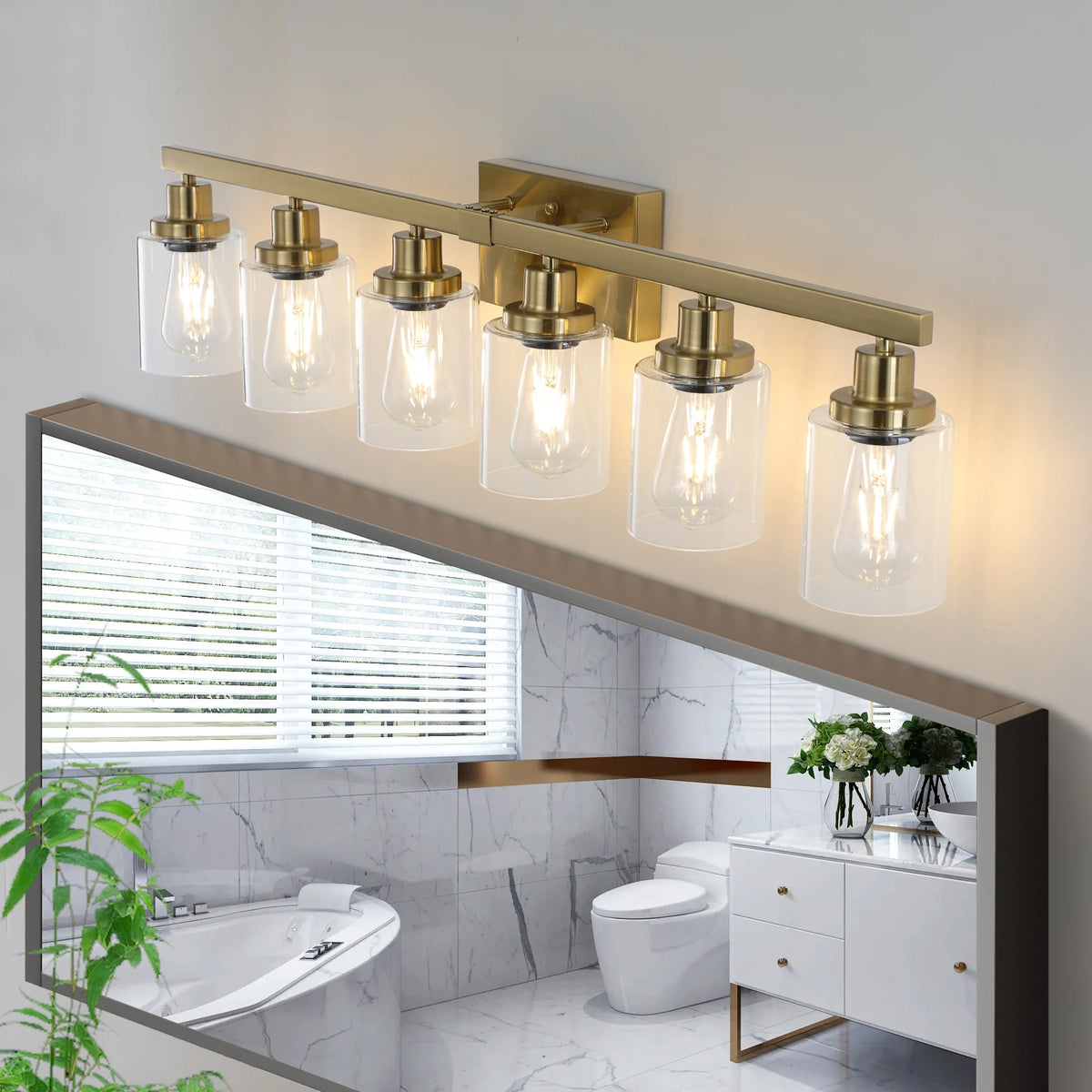 6 Lights Gold Bathroom Vanity Mirror Wall Sconce with Glass Shade Mirror Front Lights Minimalist Style for Bedroom Dressing Room