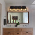 32 Inch 5-Light Vintage Mirror Sconce Black Cage Wall Sconce with Wooden Accents for Bathroom Bedroom (E26, Bulb Not Included)