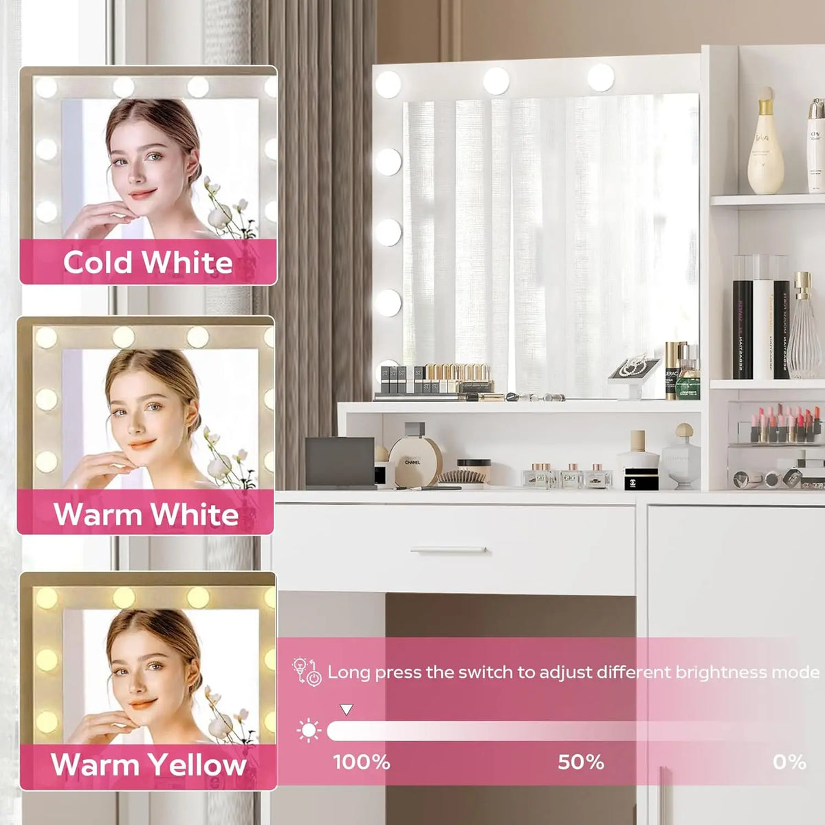 White Vanity Desk With Mirror Light Large Drawer Three Tier Storage Dresser Three Adjustable Lighting Modes Brightness Bedroom D