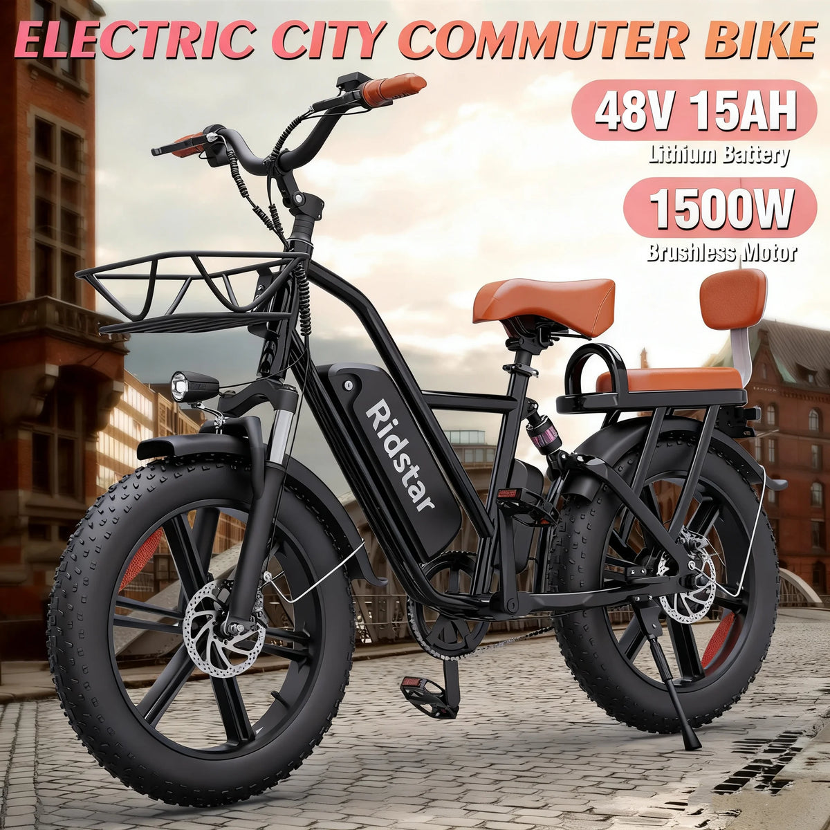 Ridstar Electric Bicycle for Adults 1500W 48V 15AH Road City Ebike for Adult 20Inch Fat Tire City Commuter eBike Max 330LBS