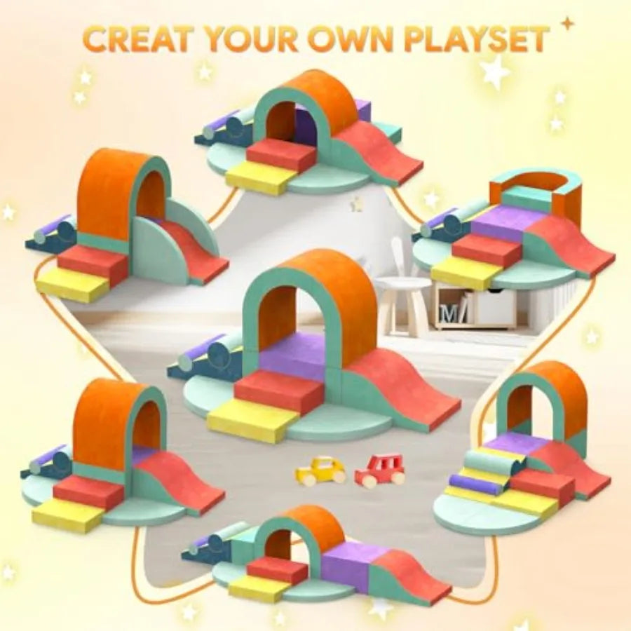 Foam Climbing Blocks for Toddlers 12 PCS Colourful Toddler Climbing Toys Indoor Soft Play Set with Toy Car Flexible Crawling