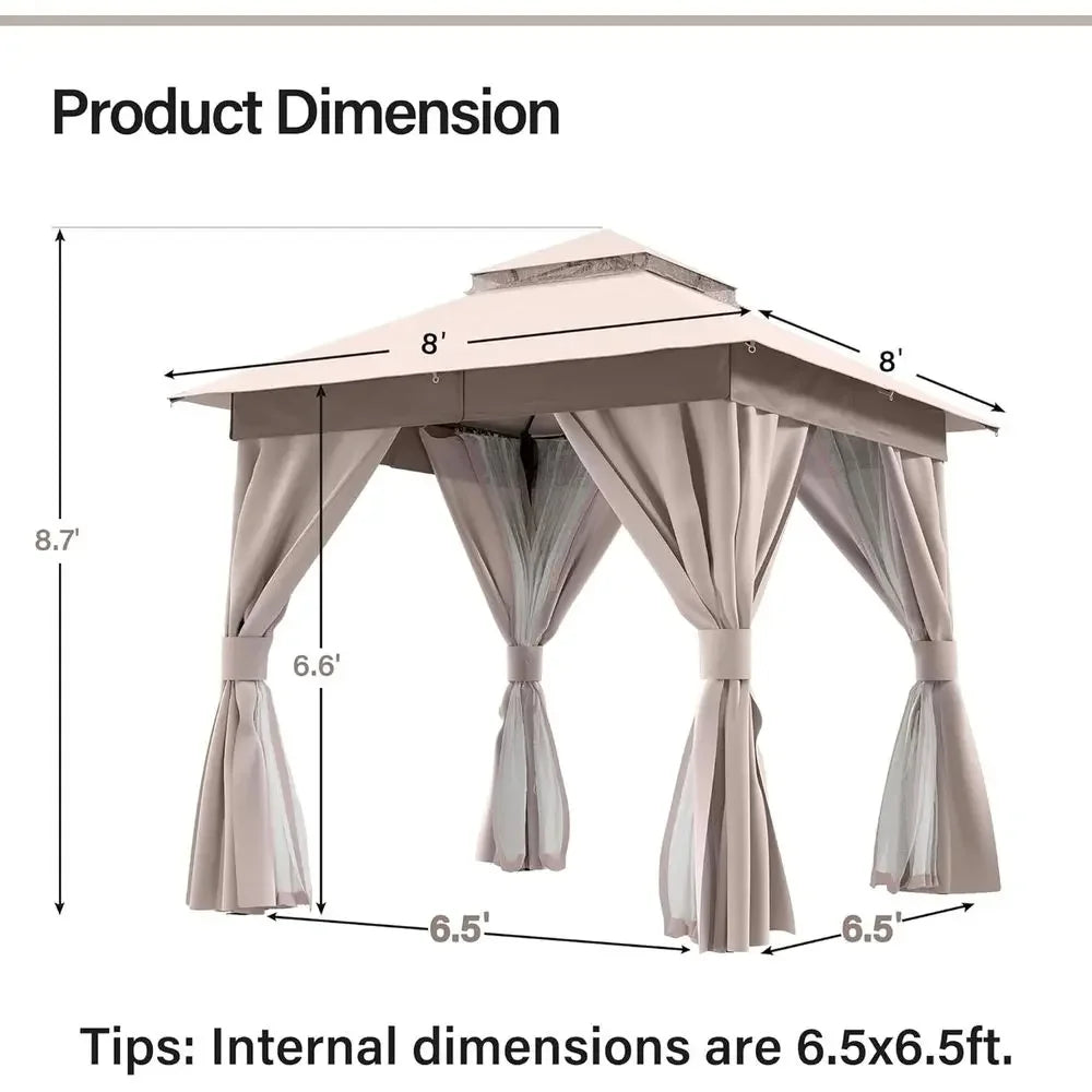 8'x8' Outdoor Heavy-Duty Gazebo with Double Roof, Mosquito Netting, Privacy Screen, Ideal for Backyard, Garden, Lawn - Khaki