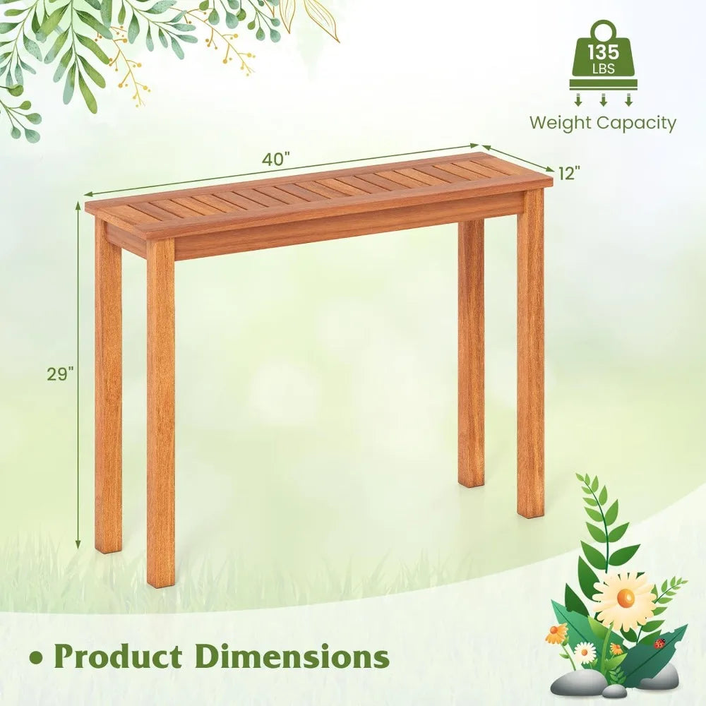Wooden Plant Stand Set of 3, Outdoor Indoor Solid Wood Flower Pot Holder Display Shelf w/ Teak Oil Finish, Slatted Top, Rustic