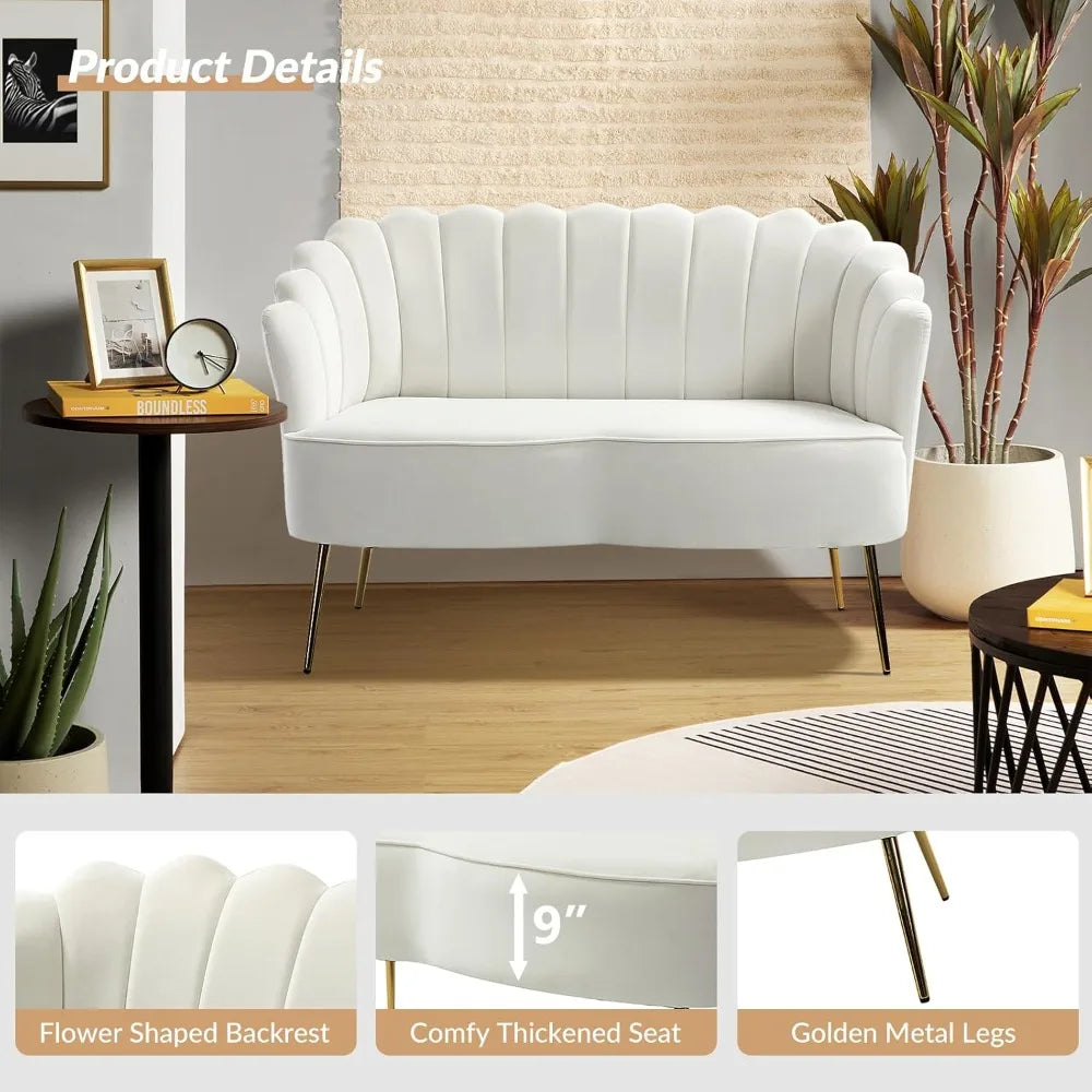 Modern Velvet Loveseat Sofa with Flower Shaped Back, Comfy Upholstered 2-Seater Sofa with Gold Metal Legs, Small Love Seat Acce