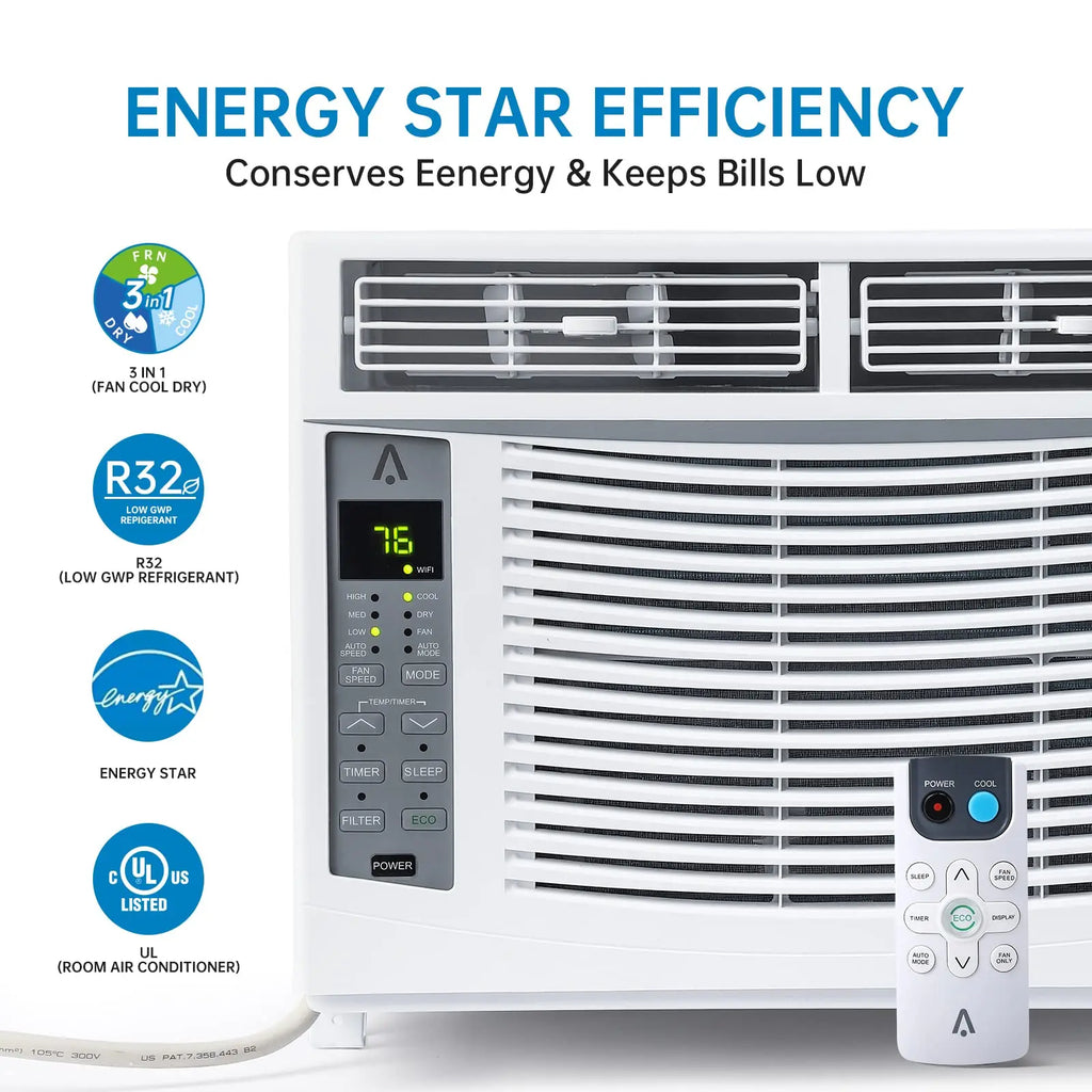 6000 BTU Window Air Conditioner,WiFi Smart AC Unit With Remote & App Control,Timer Function For Rooms Up to 350 Sq Ft, 115v/60Hz
