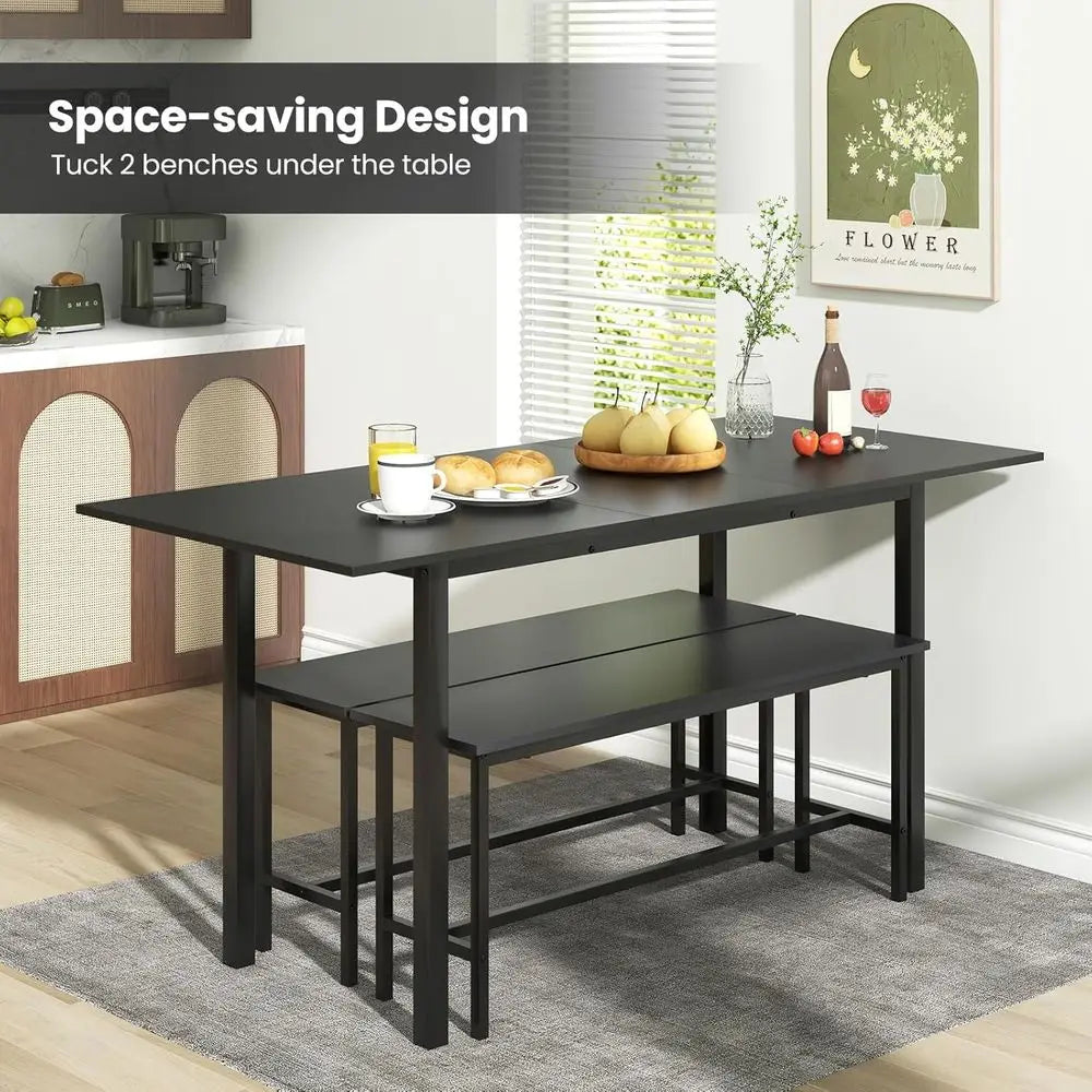 Space-Saving 63 Extendable Dining Table Set with 2 Benches for Small Spaces, Easy Clean Black Finish