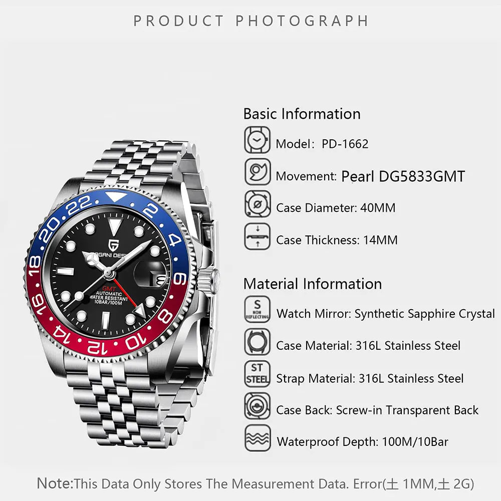 40mm GMT Men Watch PAGANI DESIGN Top Brand 1662 Mechanical Wristwatch Luxury Business 100M Waterproof Automatic Watches for Men
