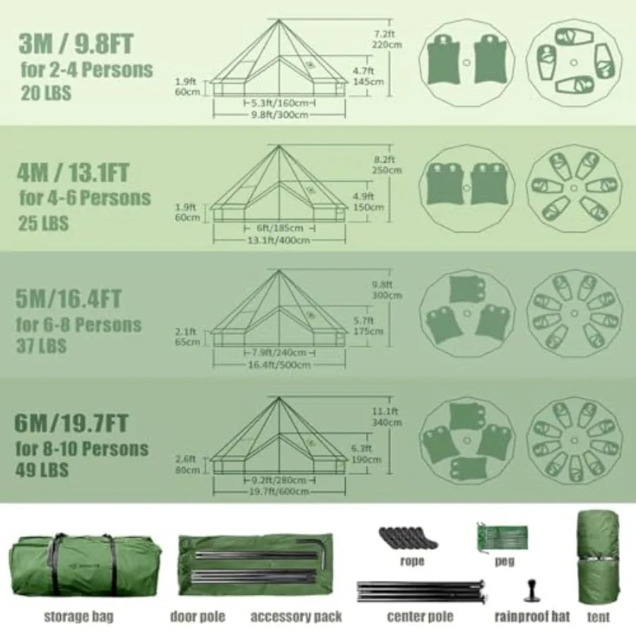Bell Yurt Tent with Stove Jack Waterproof Luxury 4 Season Tent 420D Oxford Cloth Green Glamping Tents for Family Outdoor Campin