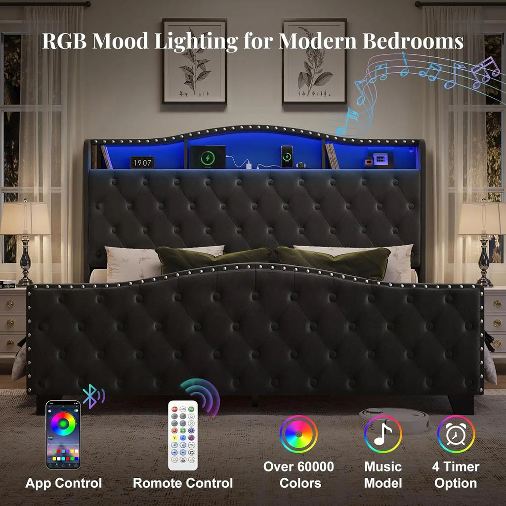 King Size Bed Frame and Headboard, 50.9" Velvet Upholstered Wingback Bedframe with LED Lights & Storage/Charging, Customized