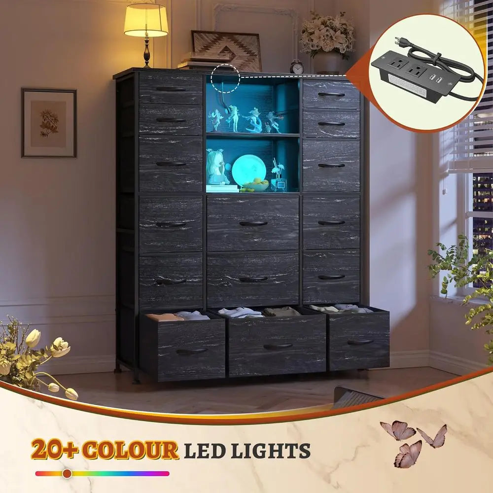 51 High Bedroom Dresser with 15 Drawers or Bedroom with Charging Station & LED Lights & Hutch Sturdy Black Bedroom Dressers, Ste