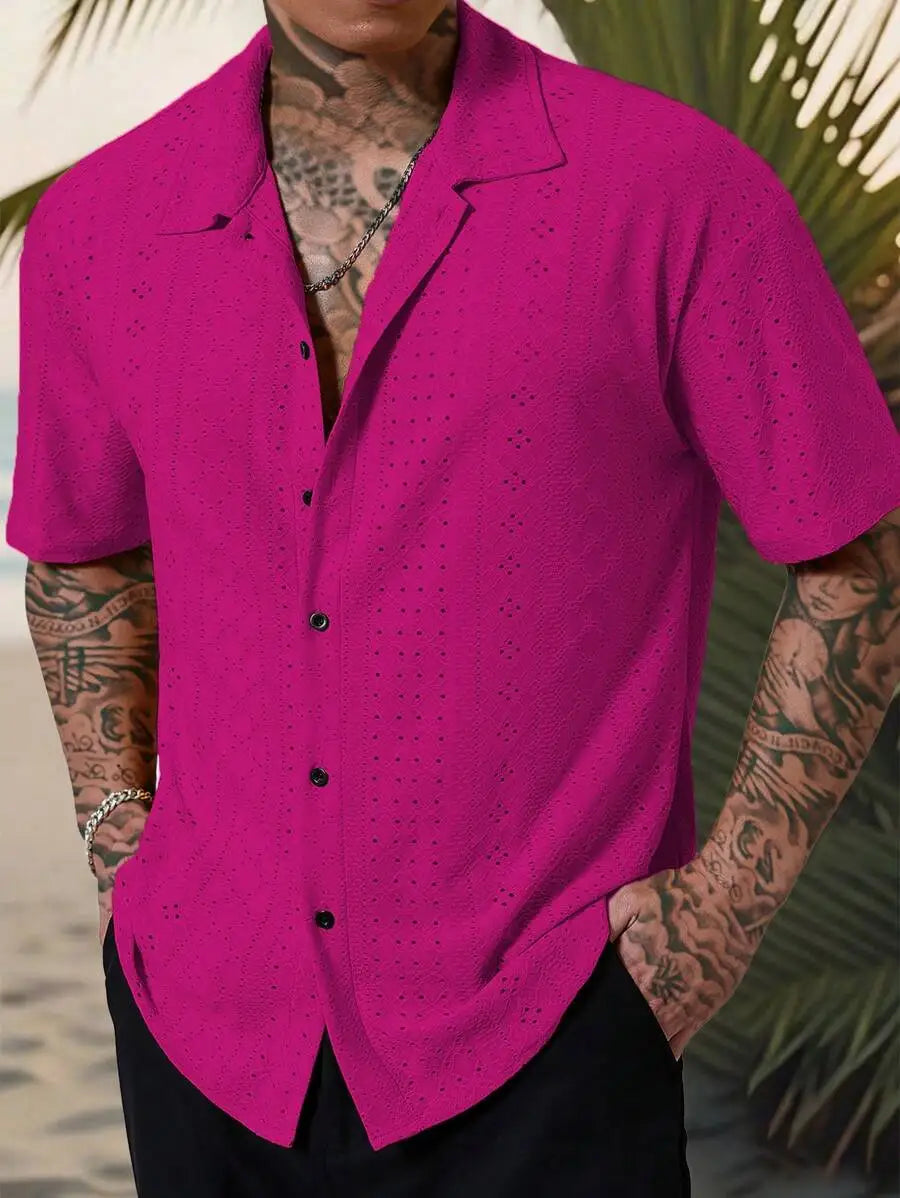 Men's Yellow Eyelet Lacework Short Sleeve Button-Down Casual Shirt