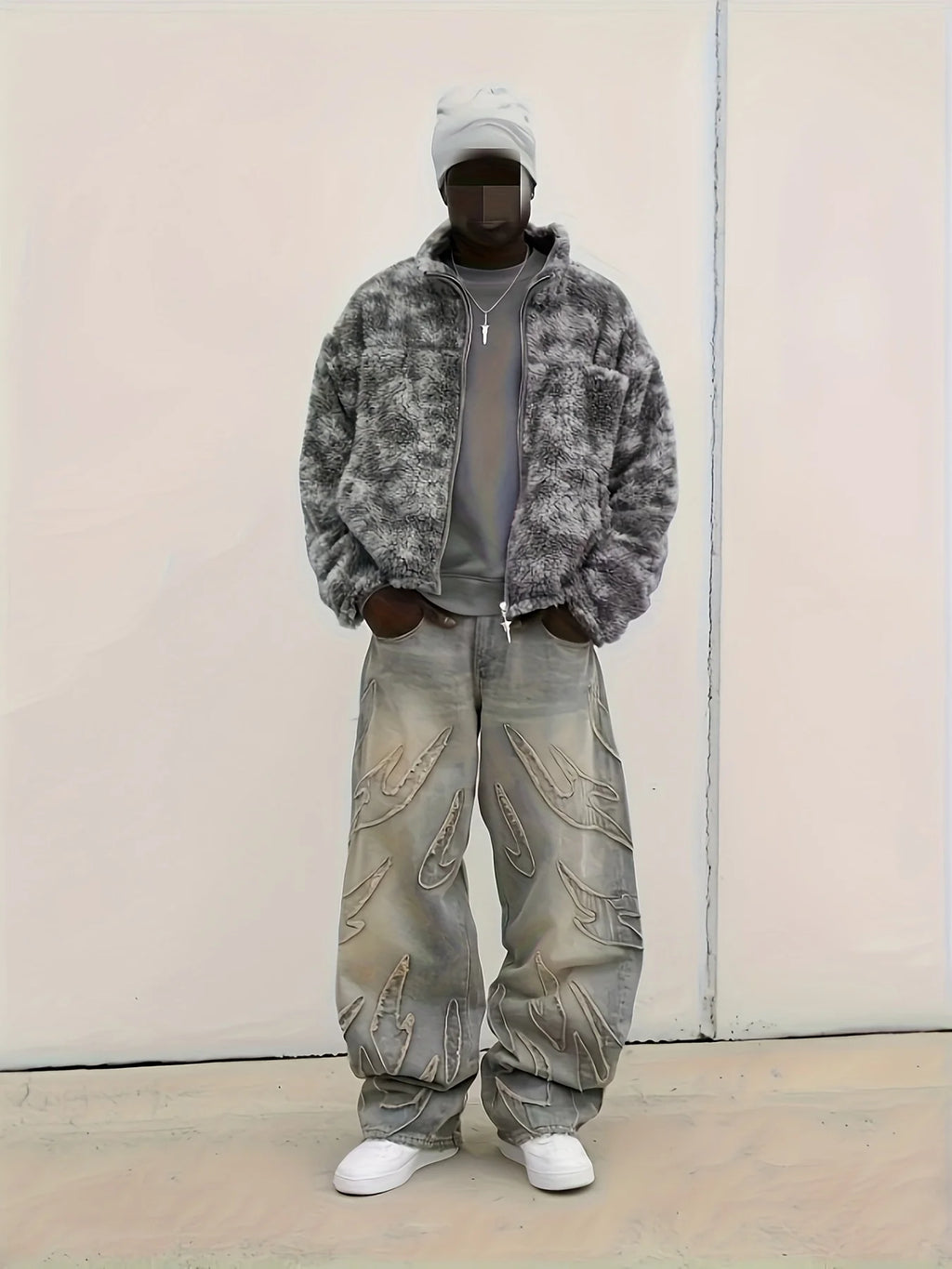 Men's Loose Aesthetic Streetwear Jeans, Men's Retro Fashion Wide-Leg Denim Pants, Pattern Embroidery Designer Hip-Hop Style Denim Pants