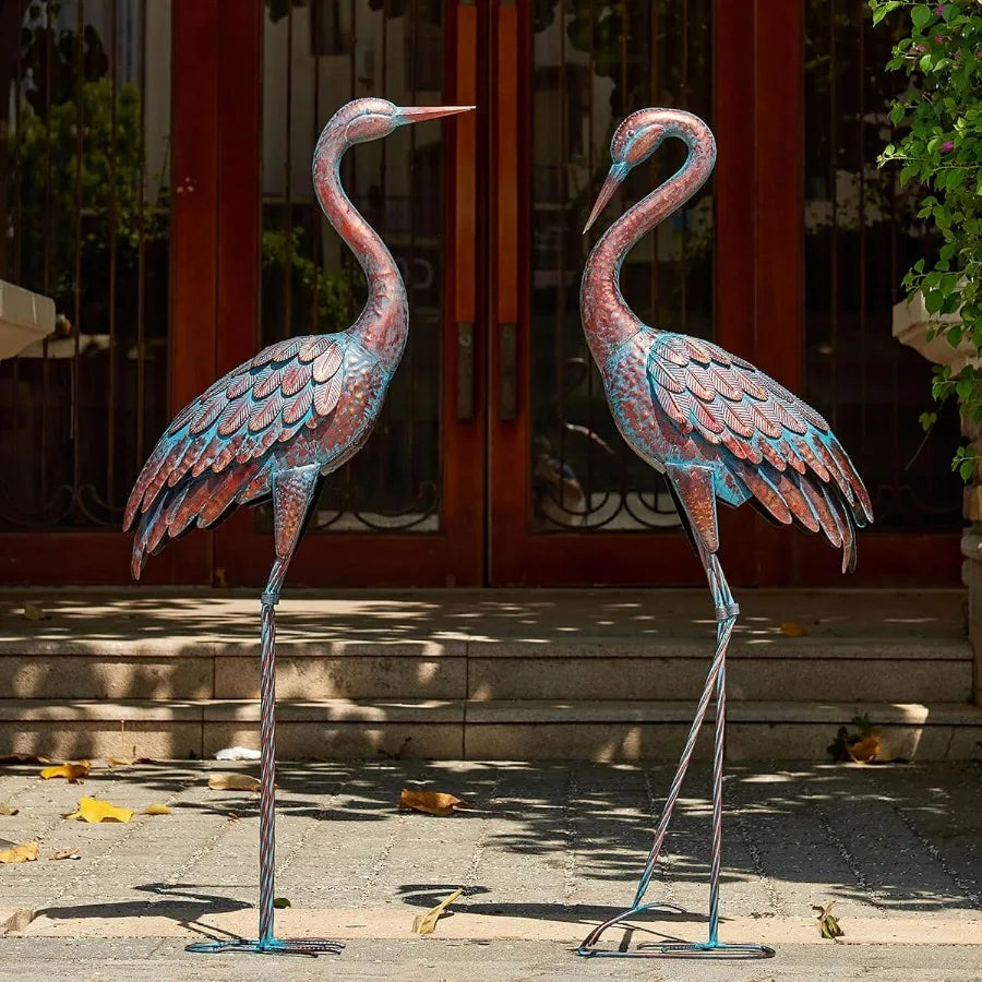 Garden Crane Statues Patina Heron Decoy Standing Metal Crane Sculptures Bird Yard Art for Outdoor Decor 47-48 Inch Set of 2