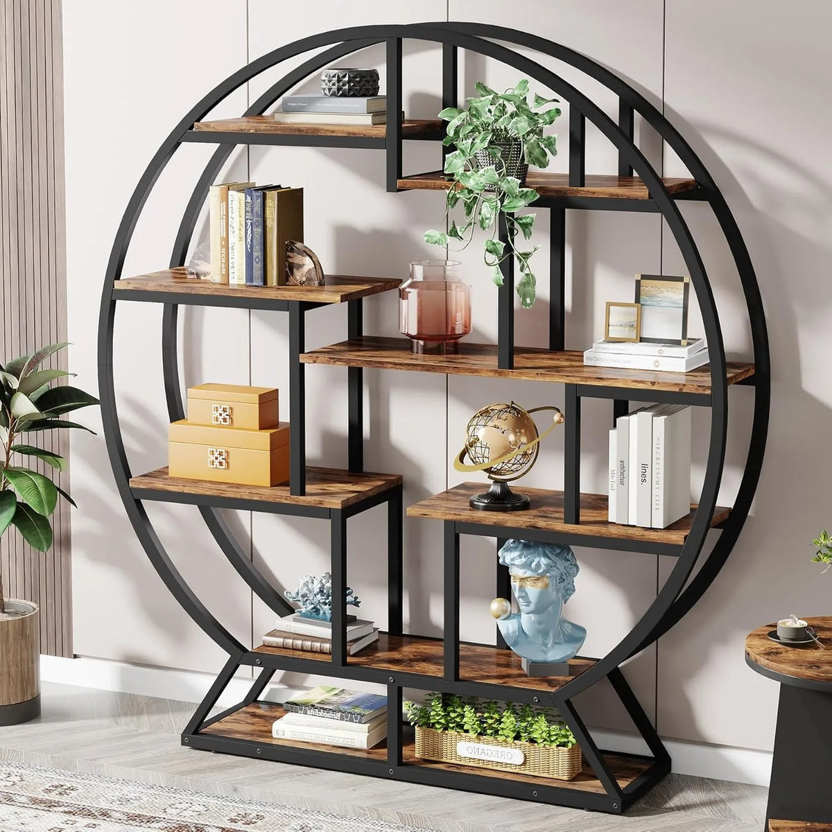 63 Inch Round Bookshelf – Modern Wood Bookcase with Staggered Shelves, Rustic Open Display Rack for Home Office or Lounge