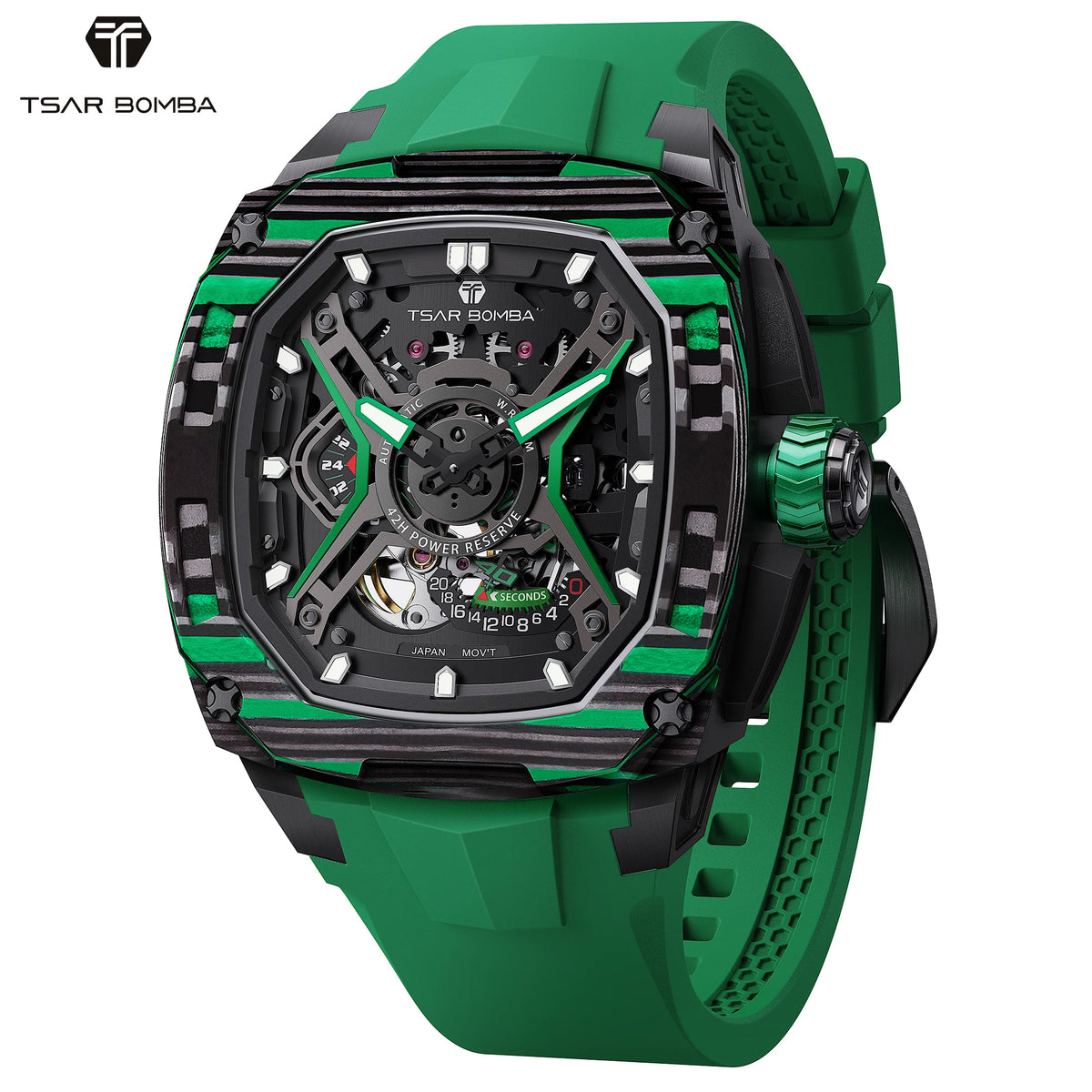 TSAR BOMBA Men's Luxury Mechanical Watch, Carbon Fiber Case, Luminous, 5ATM Waterproof, Viton Strap, Ideal Gift for Men