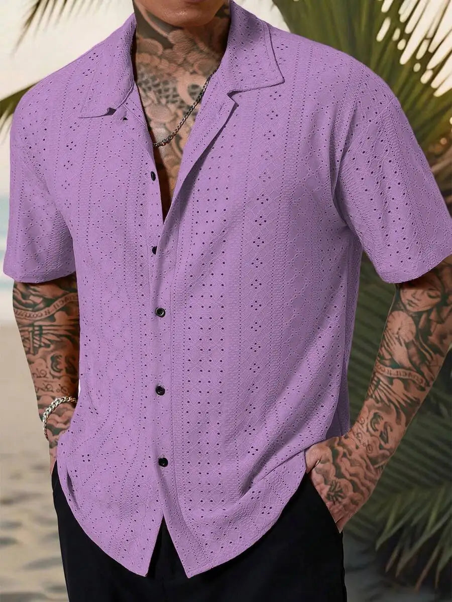 Men's Yellow Eyelet Lacework Short Sleeve Button-Down Casual Shirt