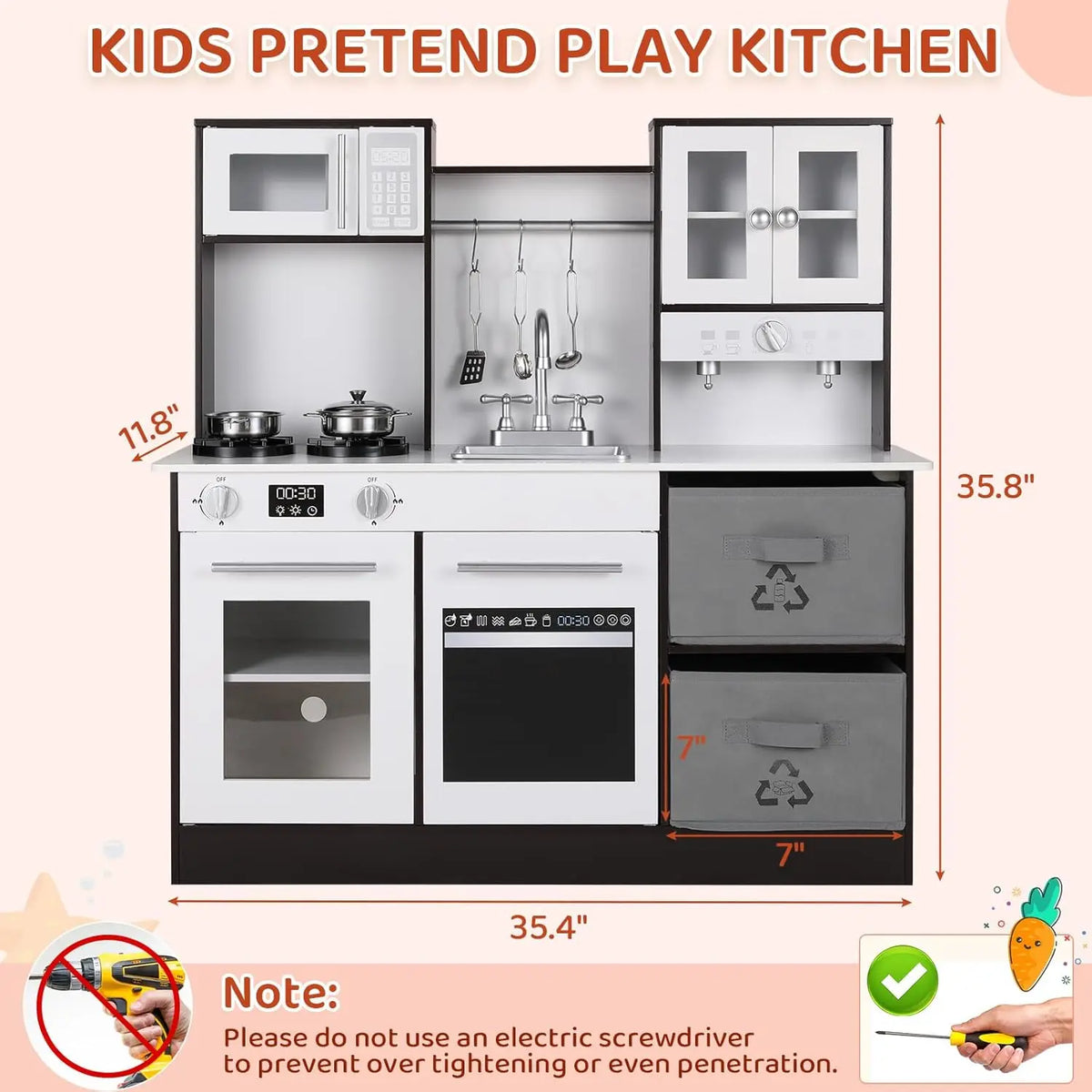 Kids Play Kitchen, Wooden Pretend Toy Kitchen, Toodler Cooking Playset, Stove w/Light & Sound, Sink, Microwave, 2 Fabric Boxs, D