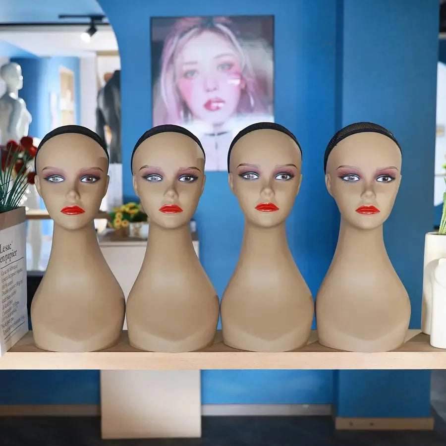 4-Pack Professional Mannequin Head Models - Beige with Red Lips Sturdy Base for Wig Salon Photography Cosmetology School - Dura