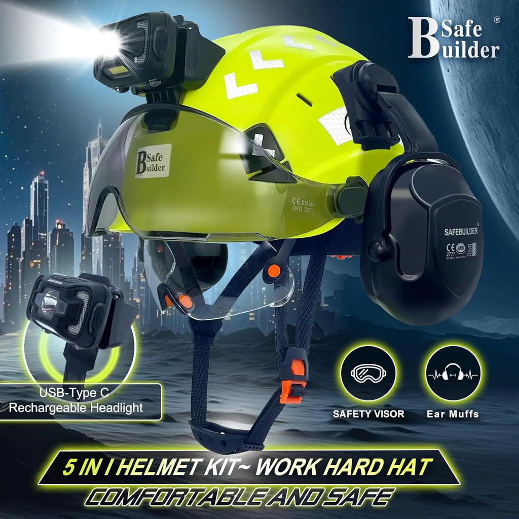 Lightweight Vented Safety Helmet with Visor, Headlight & Ear Muffs for Construction Work, ANSI Z89.1 Approved