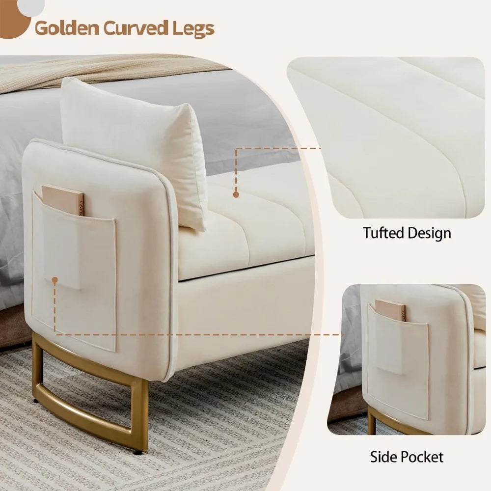 Velvet Storage Bench with Arms Gold Legs 2 Pillows Pockets King Bedroom Living Room Entryway 66", Customized