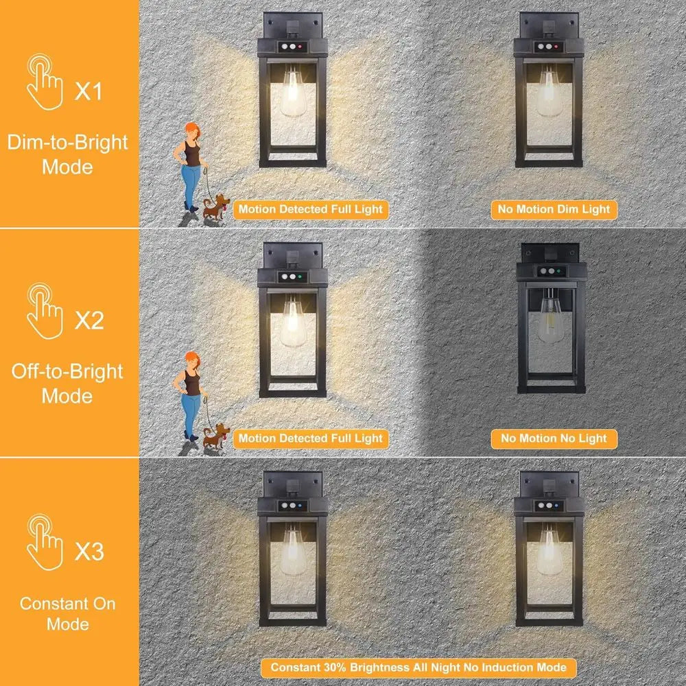 2 Pack Outdoor Waterproof Wall Lights with 3 Lighting Modes & Motion Sensor, Dusk to Dawn Exterior Porch Light Fixtures