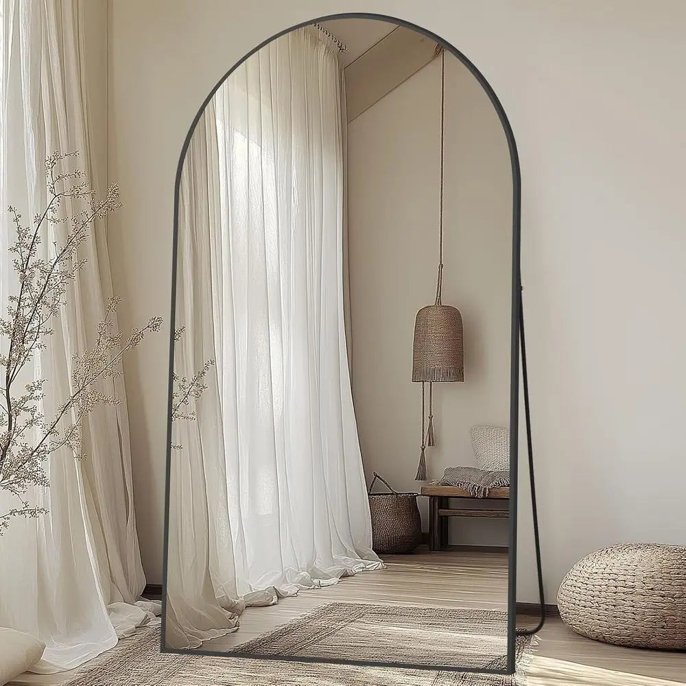 Arched Floor Mirror, 82x44, Black, Full-Length, Stand Included, Wall or Hanging Mount, Tempered Glass, Ideal for Home & Fitness