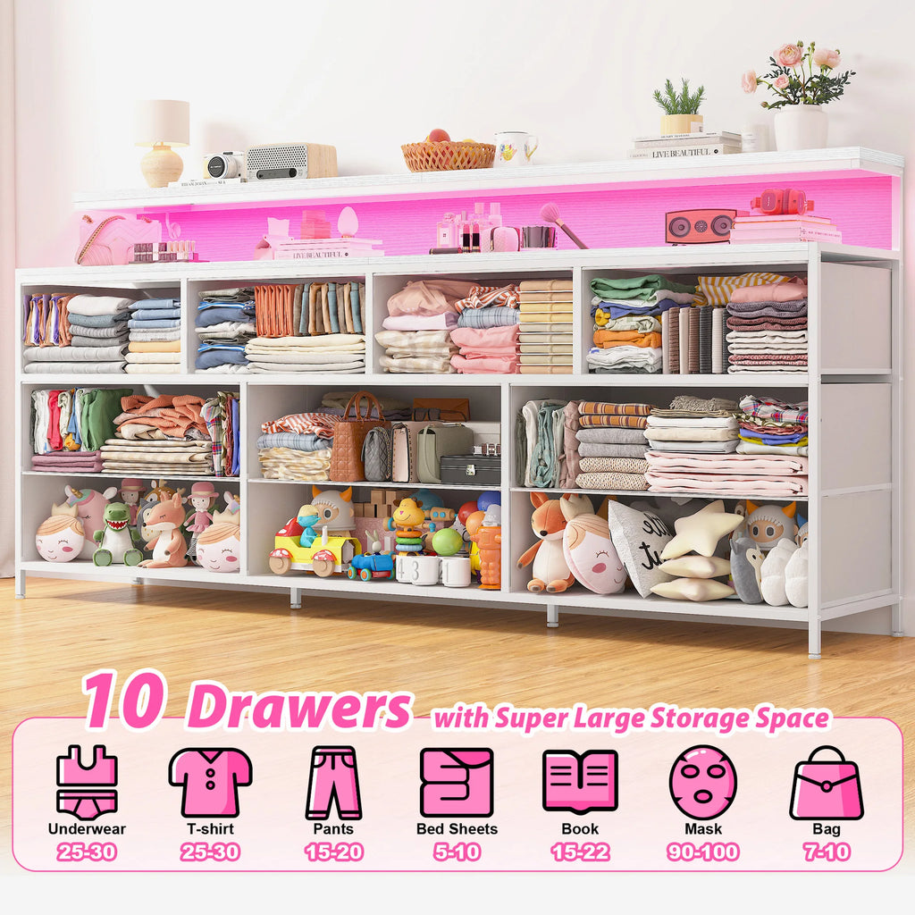 55" Wide Smart Dresser with LED Lights & Power Outlets – 10 Fabric-Drawer Storage & Metal Frame for Bedroom Organization