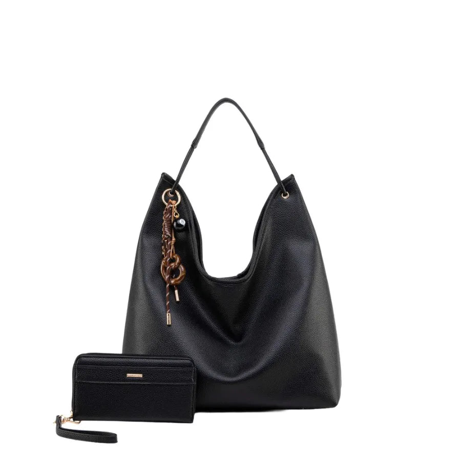 MKF Collection Eloa Hobo Bag with Wallet 2-piece Set in Black Vegan Leather with Gold Hardware for Everyday Use