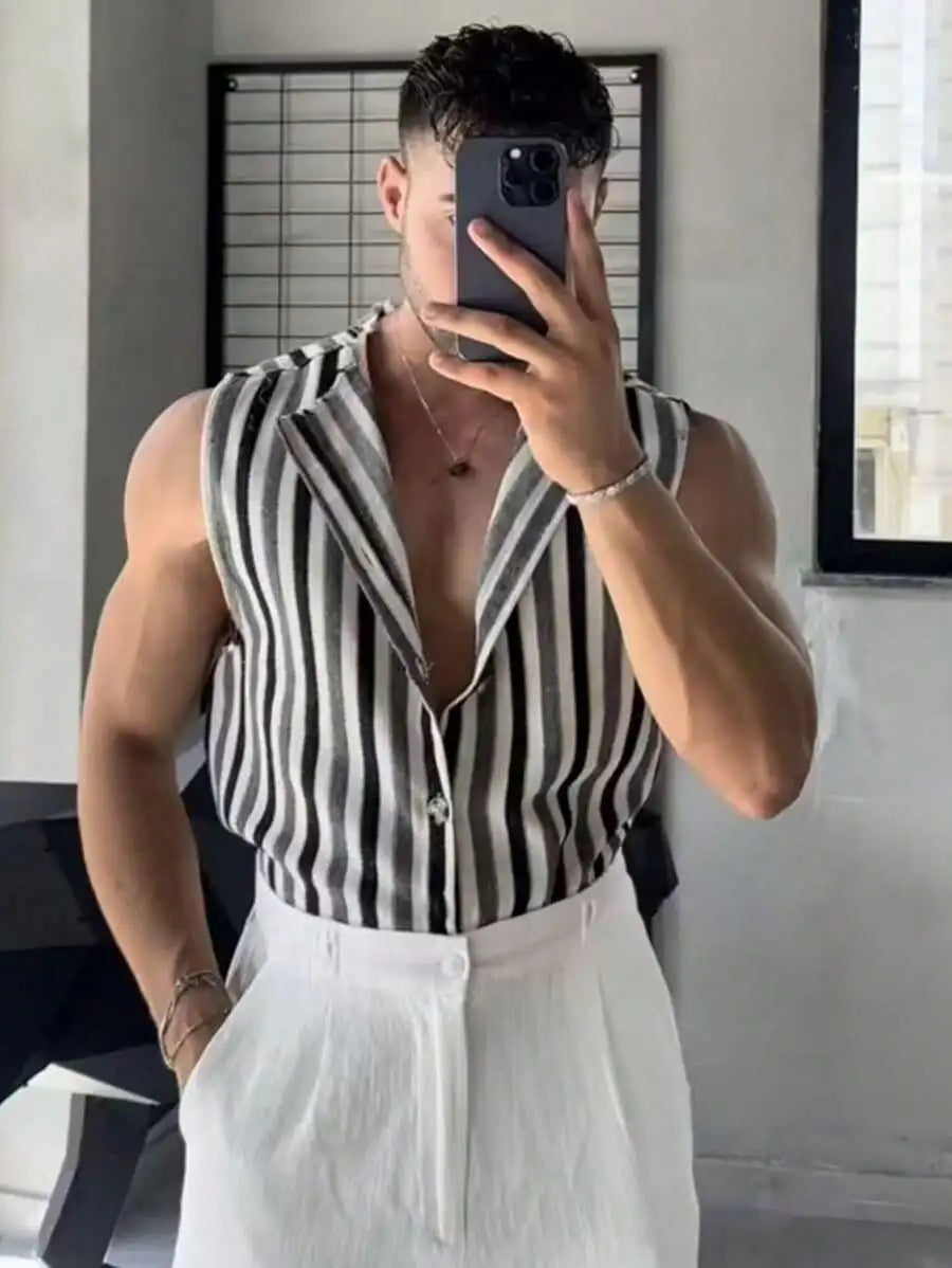 Men's Sleeveless Striped Knit Vest Top - Casual Summer Wear