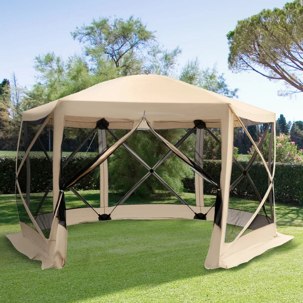 Quick Pop Up Screen House Portable Gazebo Canopy Shelter Mesh Netting Beige Carry Bag Shaded Interior Family Parties Picnics