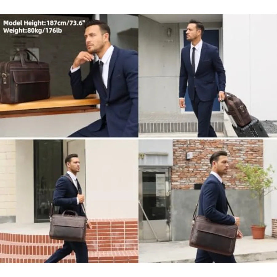 Masa Kawa Leather Briefcase for Men 15.6 17 Laptop Computer Case Business Travel Work Messenger Cross Body Shoulder Bag