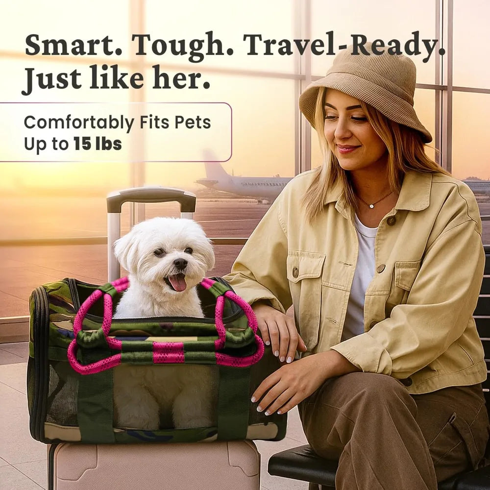 Soft Sided Pet Carrier, Cat Carrier, Dog Carrier, Pets Up to 15 lbs, Leash & Luggage Strap, Camo Pin